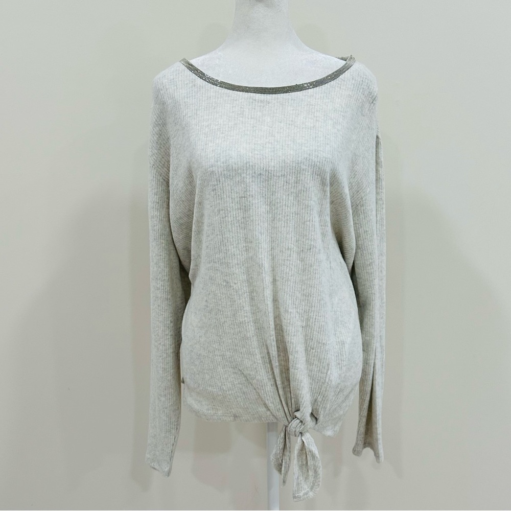 NWT Jennifer Lopez Soft Jeweled Neck Ribbed Grey Sweater Sz XL‎